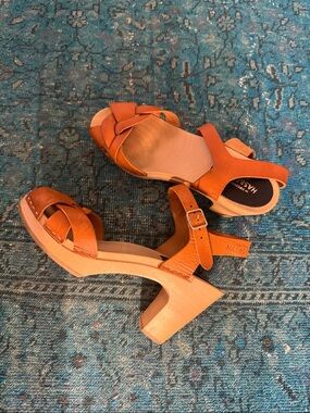 Swedish Hasbeens Cognac Leather Woven Clog Heels